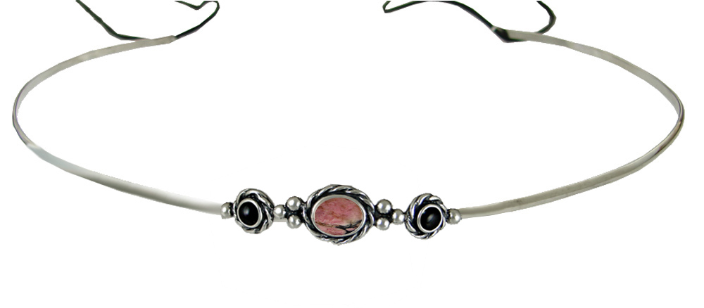 Sterling Silver Renaissance Style Exquisite Headpiece Circlet Tiara With Rhodonite And Black Onyx